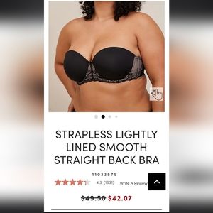Torrid Microfiber Lightly Lined Black Lace Strapless Bra ♟️